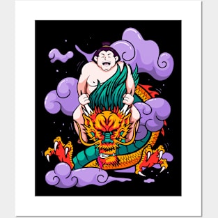 Funny Sumo Wrestler Riding Japanese Dragon Otaku Posters and Art